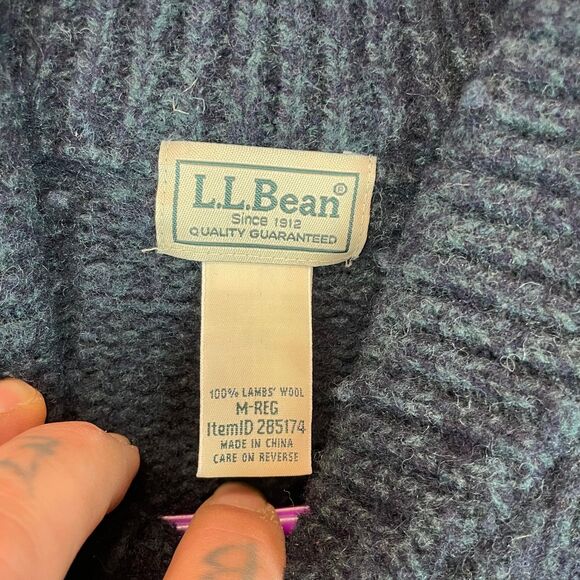 L.L.Bean Wool Sweater Men M Blue Shawl Collar Knit Pullover Classic Winter - Picture 3 of 6